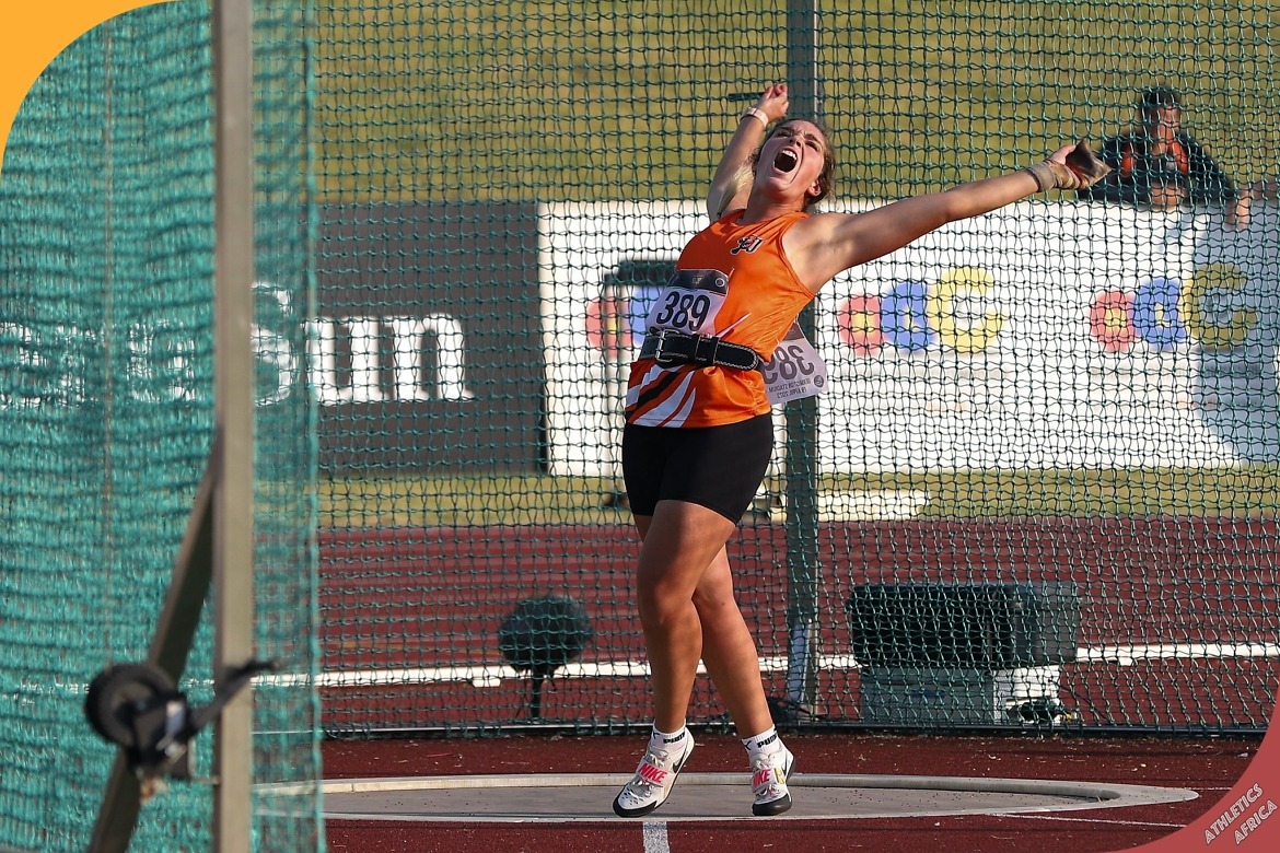 Leandri Geel's national record hammer throw scream. Photo credit: Cecilia van Bers