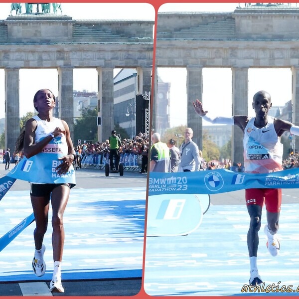 Tigst Assefa and Eliud Kipchoge winning at the BMW Berlin Marathon / Photo credit: Photorun.net