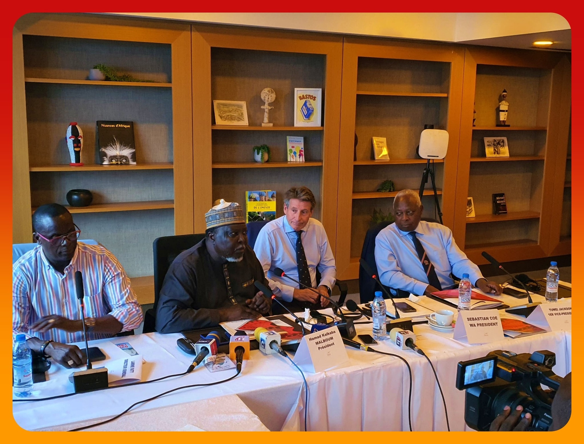 World Athletics President Sebastian Coe, CAA President, Colonel Hamad Kalkaba Malboum, and CAA VP General Jackson Tuwei at the CAA Council Meeting in Douala, Cameroon on Thursday 20 June, 2024 / Photo credit: AthleticsAfrica