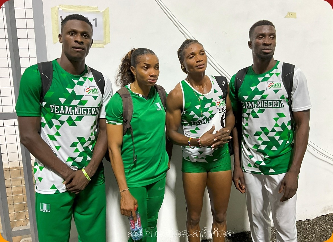 Team Nigeria’s quartet Ifeanyi Ojeli, Patience Okon-George, Sikiru Adeyemi, and Omolara Ogunmakinju / Photo credit: Yomi Omogbeja for AthleticsAfrica
