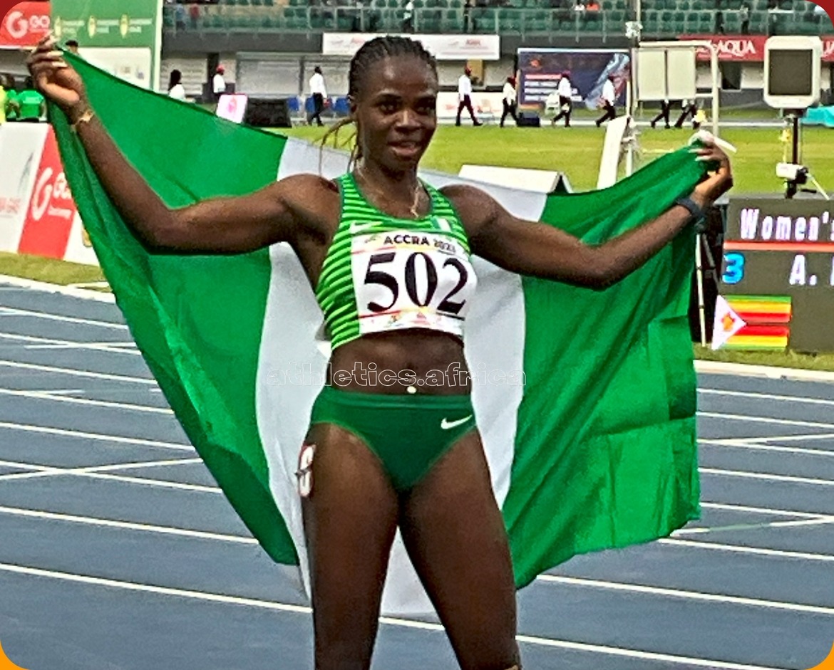 Nigeria's Tobi Amusan (502) afer winning the women's 100m Hurdles gold at the African Games Accra 2023 / Photo credit: Yomi Omogbeja for AthleticsAfrica