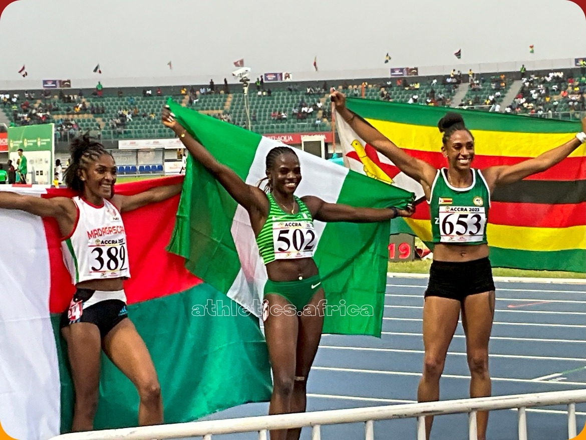 Nigeria's Tobi Amusan (502) and the rest of the women's 100m Hurdles podium at the African Games Accra 2023 / Photo credit: Yomi Omogbeja for AthleticsAfrica