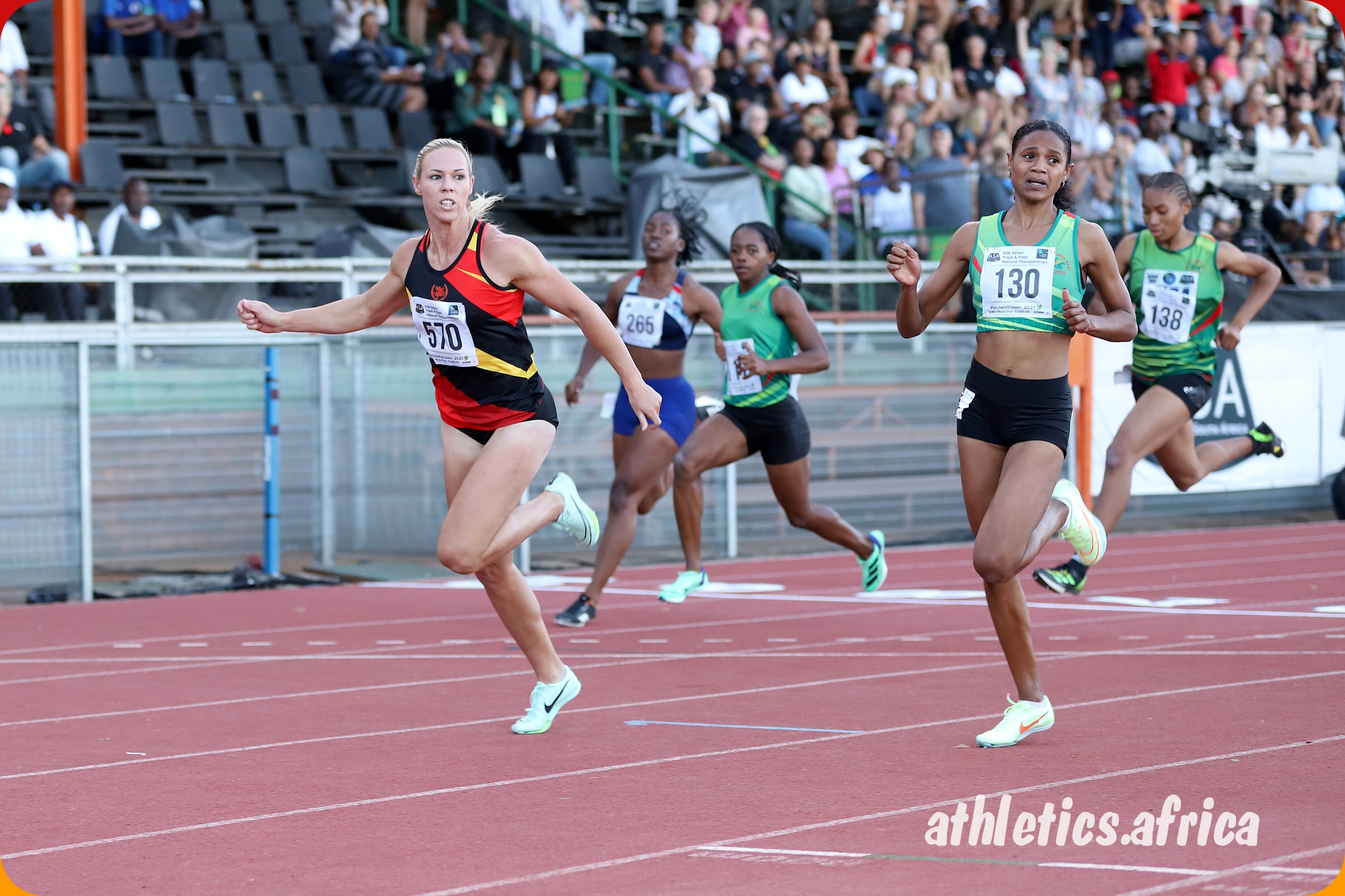 Carina Horn winning the women’s 100m titles at the 2023 ASA Senior Championships in Potchefstroom / Photo: Cecilia de Bers
