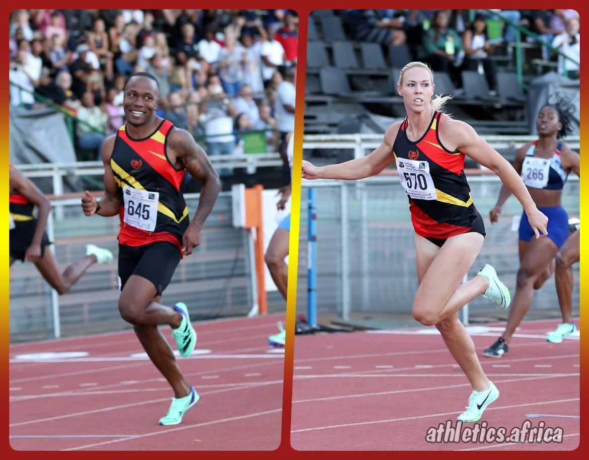 Akani Simbine and Carina Horn taking the men's and women’s 100m titles at the 2023 ASA Senior Championships in Potchefstroom / Photo: Cecilia de Bers