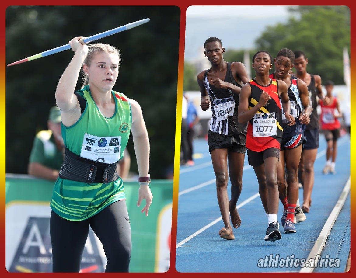Stephane Hook and Minenhle Myeni (1249) winning the Girls U16 Javelin throw and U20 Boys walk events at the ASA Age Group Championships 2023 / Photo: Cecilia de Bers