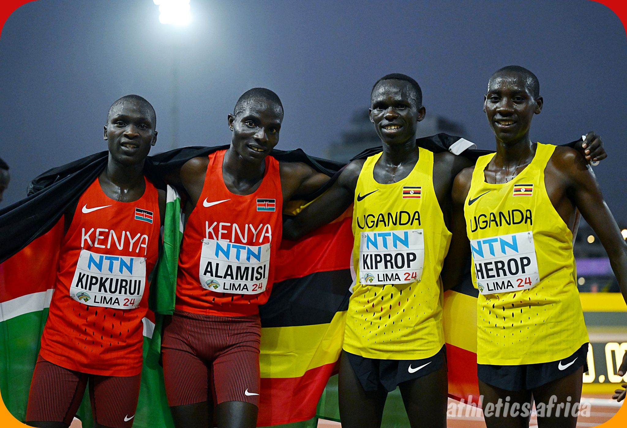 Keneth KIPROP, Samuel Simba CHEROP, Andrew Kiptoo ALAMISI, Ishmael Rokitto KIPKURUI after the Men's 5000 Metres race at 2024 World Athletics U20 Championships Lima, Peru / Photo credit: Enzo Santos Barreiro for World Athletics