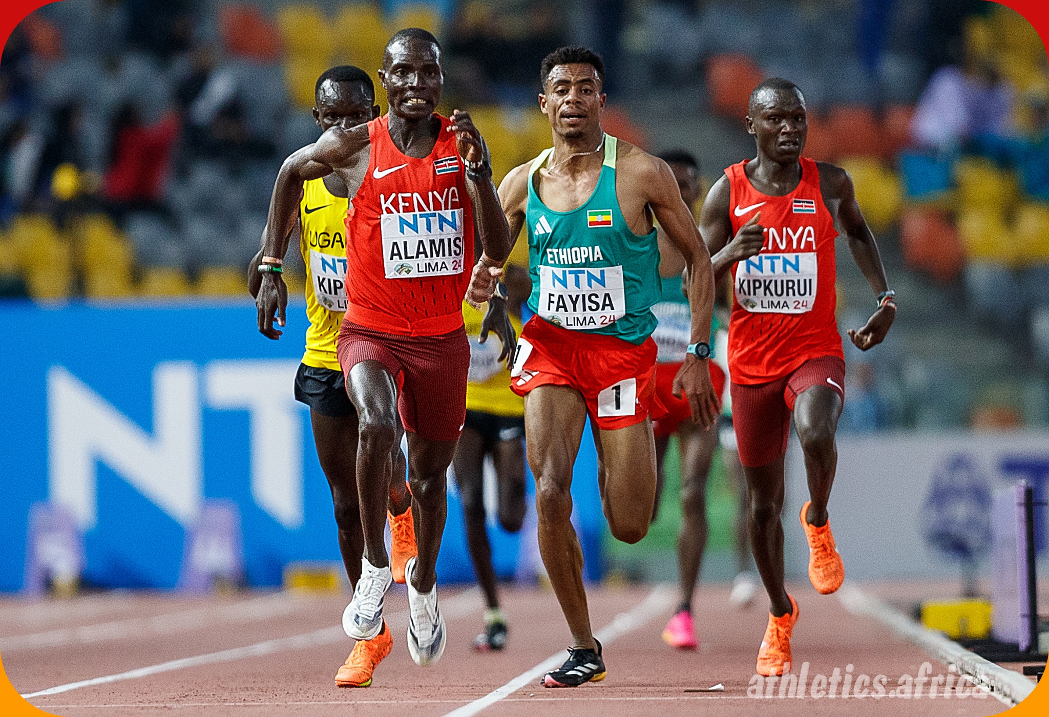 Andrew Kiptoo ALAMISI and Abdisa FAYISA jostle for the win during the men's 5000 Metres final at 2024 World Athletics U20 Championships Lima, Peru / Photo credit: Enzo Santos Barreiro for World Athletics
