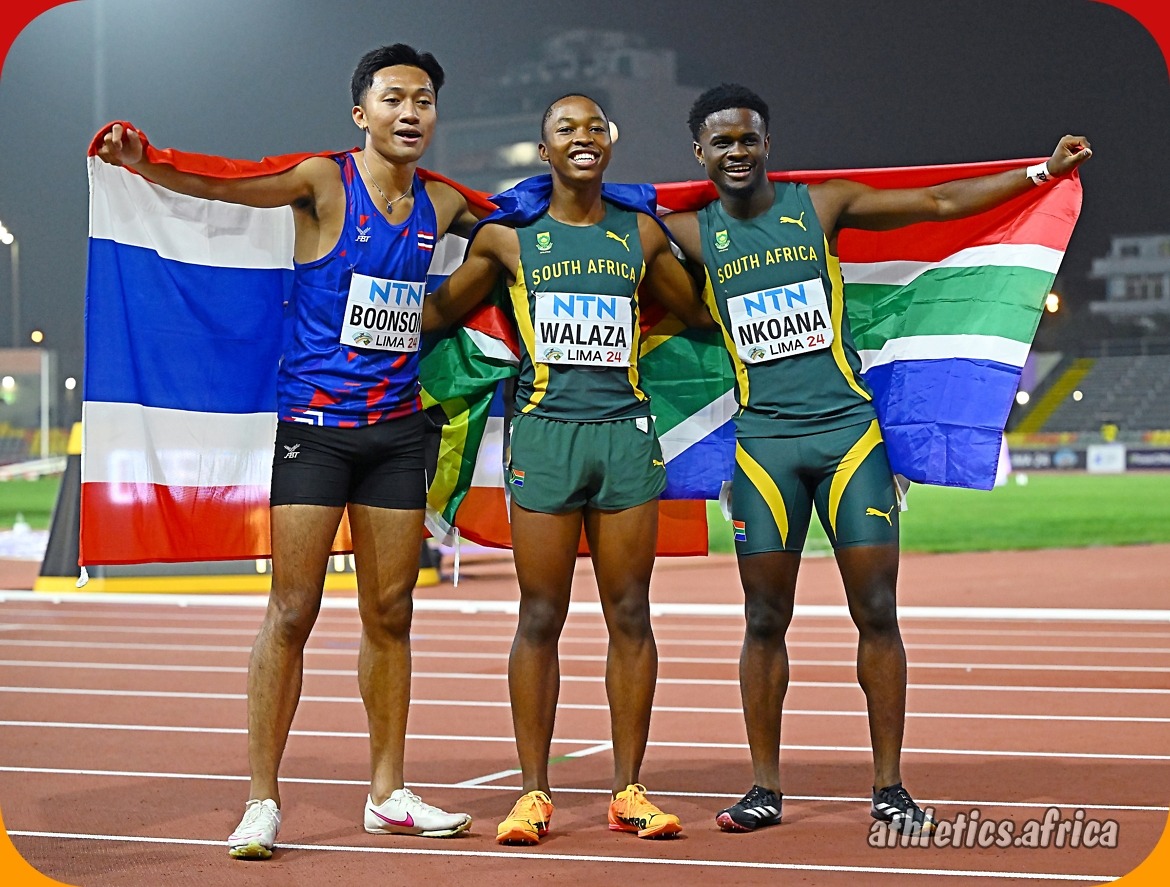 South Africa’s Bayanda Walaza and Bradley Nkoana after taking gold and bronze medals respectively in the Men's 100m Final at 2024 World Athletics U20 Championships Lima, Peru / Photo credit: Enzo Santos Barreiro for World Athletics