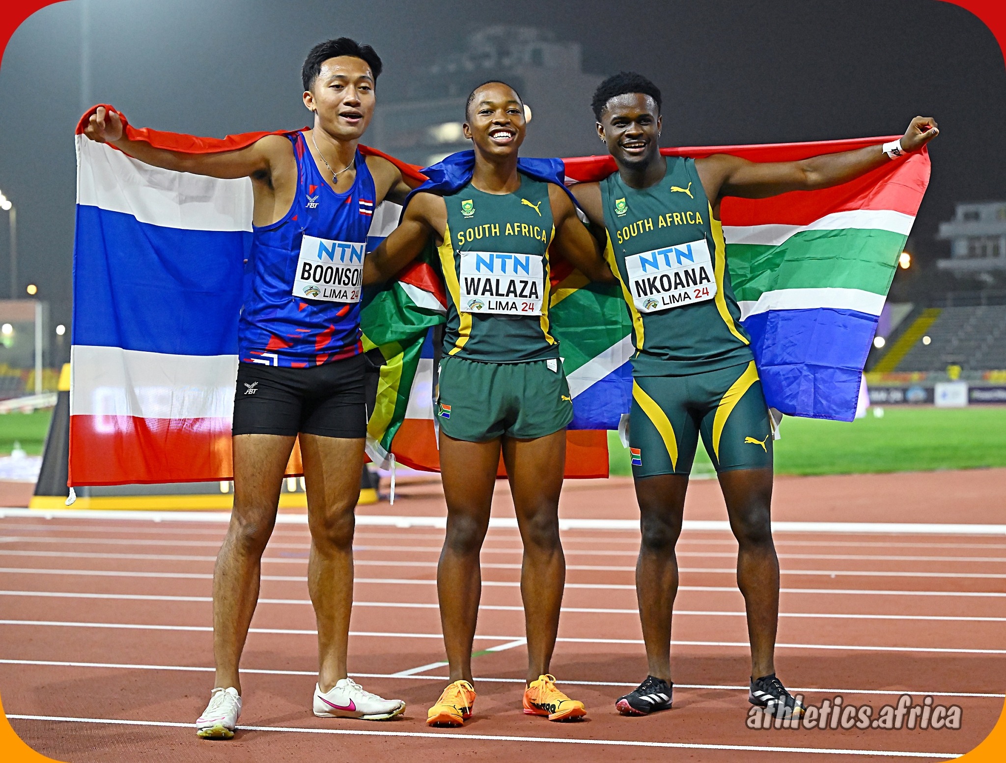 South Africa’s Bayanda Walaza and Bradley Nkoana after taking gold and bronze medals respectively in the Men's 100m Final at 2024 World Athletics U20 Championships Lima, Peru / Photo credit: Enzo Santos Barreiro for World Athletics