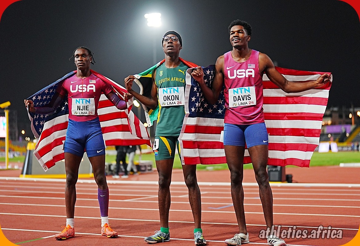 South Africa’s Udeme Okon wins the men's 400m final in 45.69 ahead of USA duo Jayden Davis and Sidi Njie at 2024 World Athletics U20 Championships Lima, Peru / Photo credit: Christel Saneh for World Athletics