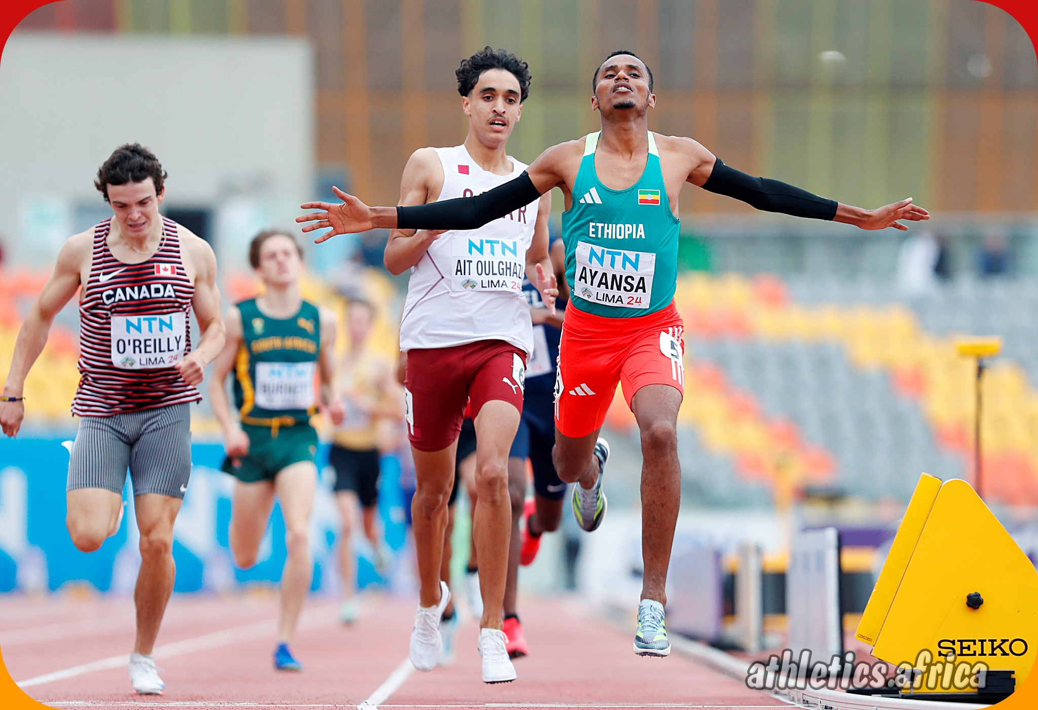Ethiopia's General Berhanu Ayansa wins the men's 800m semi-final 2 in 1:47.28 at 2024 World Athletics U20 Championships Lima, Peru / Photo credit: Oscar Muñoz Badilla for World Athletics