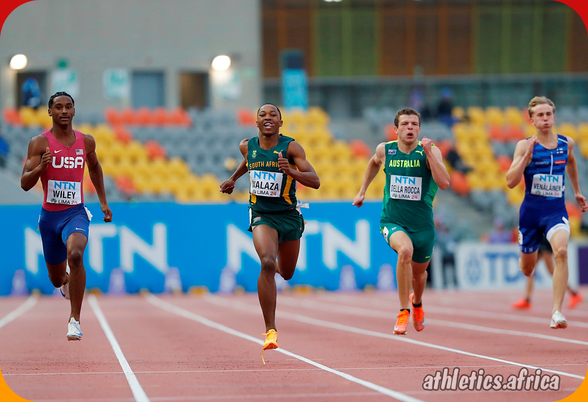 South Africa's Bayanda Walaza clocks 21.00 (0.3m/s) to win the men's 200m semi-final 3 at 2024 World Athletics U20 Championships Lima, Peru / Photo credit: Oscar Muñoz Badilla for World Athletics