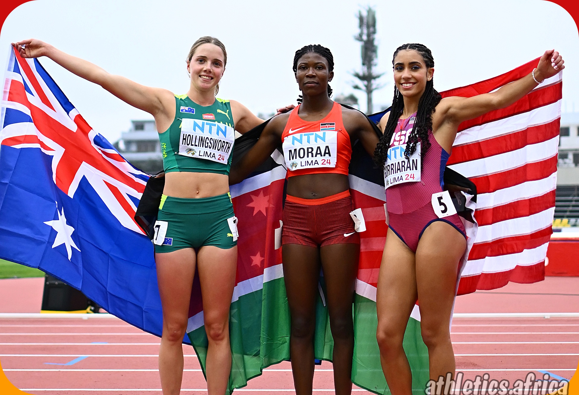 Sarah Moraa (KEN) with the women's 800m final medallists at the World Athletics U20 Championships Estadio la Videna, Lima, Peru / Photo by Enzo Santos Barreiro for World Athletics