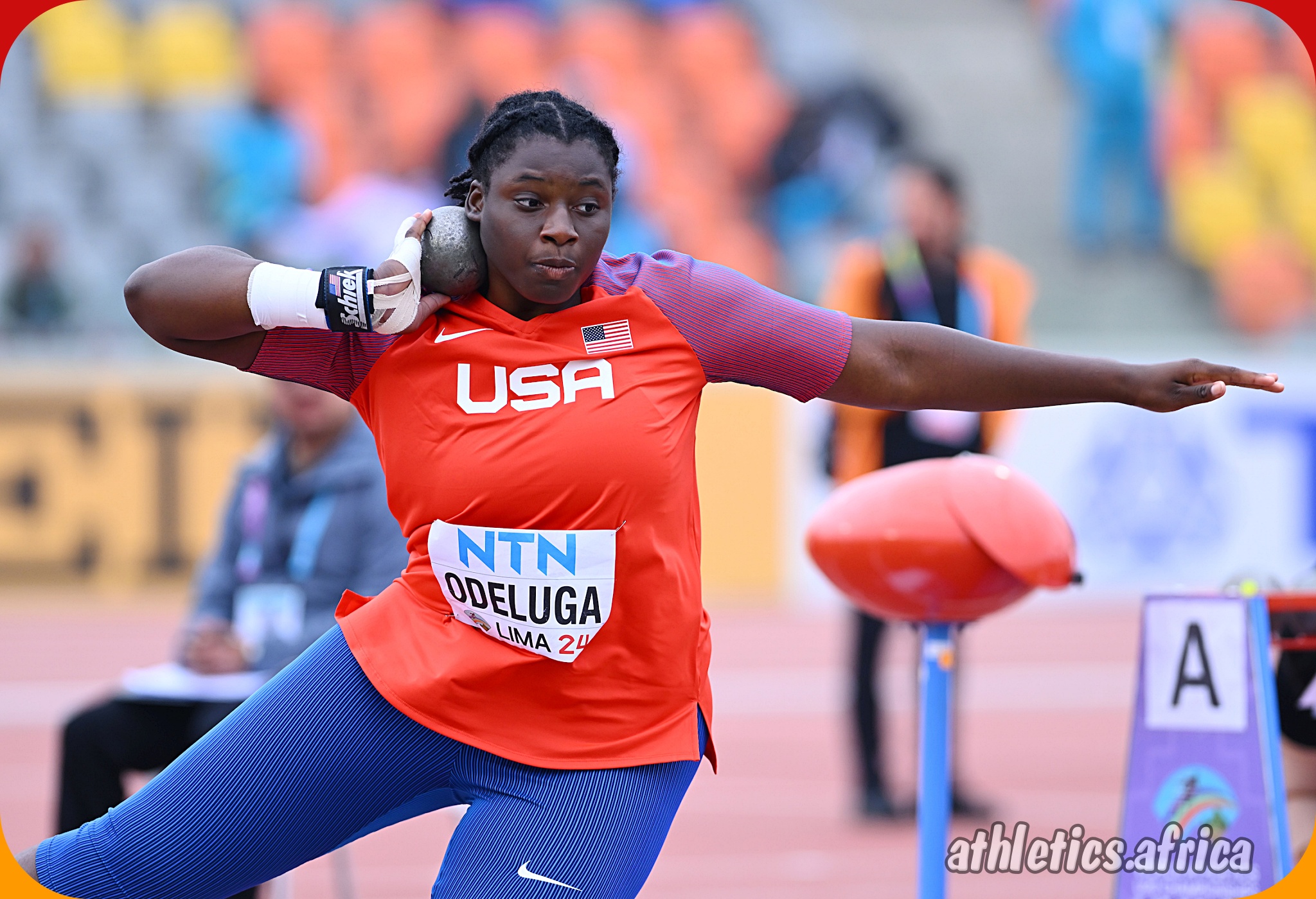 USA’s Akaoma Odeluga wins the women’s shot put final with a best of 17.34m at the World Athletics U20 Championships Estadio la Videna, Lima, Peru / Photo by Enzo Santos Barreiro for World Athletics