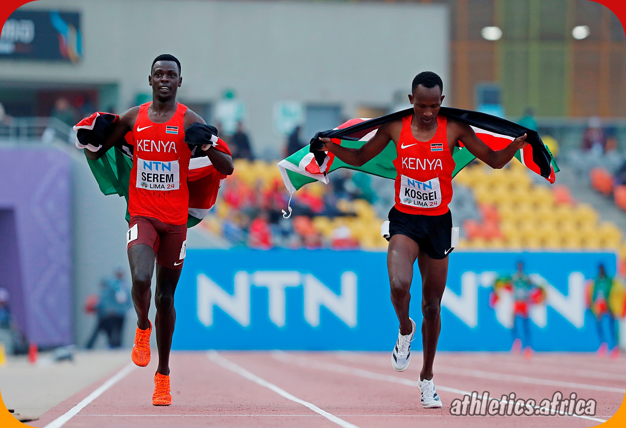 Kenyans Edmund Serem and Matthew Kosgei after the men's 3000m Steeplechase final at the World Athletics U20 Championships in Lima, Peru / Photo by Oscar Muñoz Badilla for World Athletics.