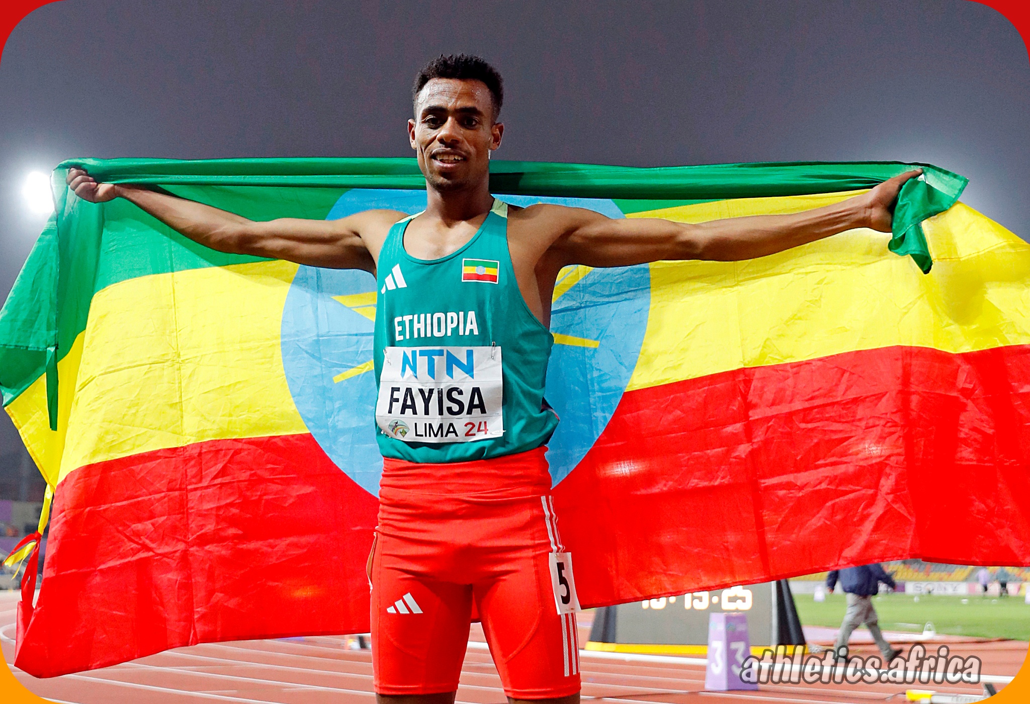 Ethiopia's Abdisa Fayisa after winning the men's 1500m Final at the World Athletics U20 Championships in Lima, Peru / Photo by Oscar Muñoz Badilla for World Athletics.