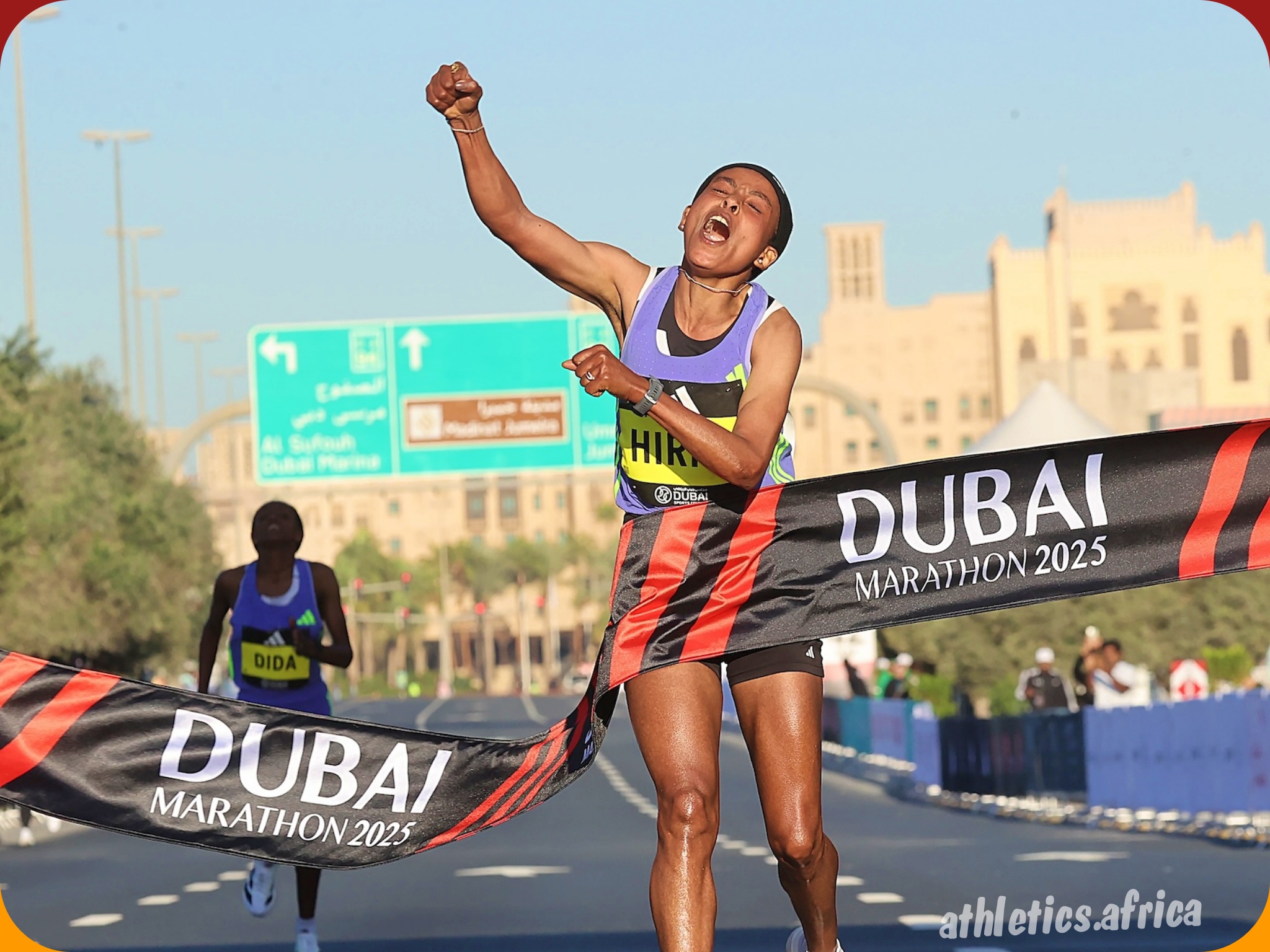 Ethiopian Bedatu Hirpa celebrate her win at the 2025 Dubai Marathon / Photo credit: Giancarlo Colombo