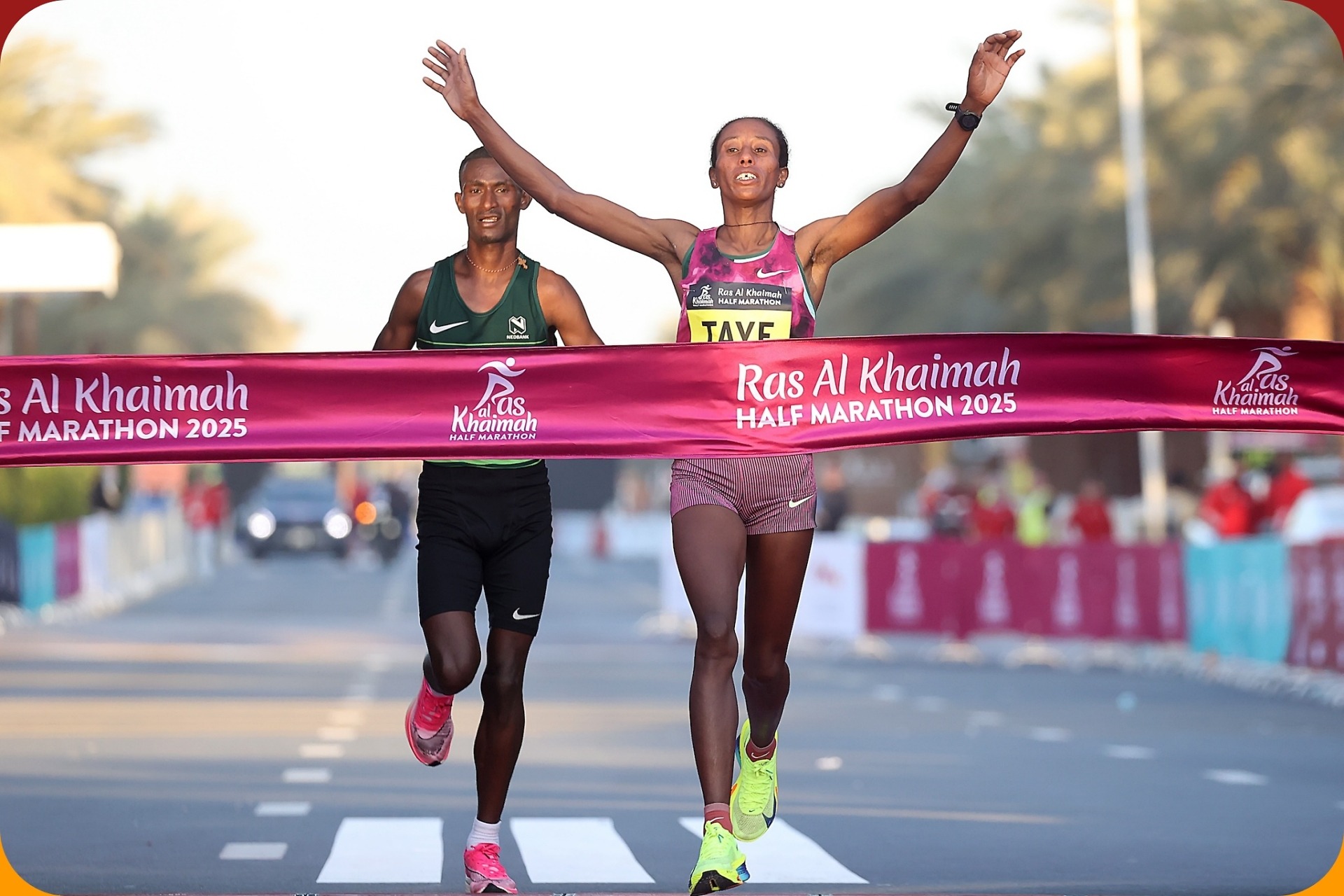 Ejgayehu Taye of Ethiopia runs world leading time for victory at the 18th Ras Al Khaimah Half Marathon on February 1, 2025 / Photo credit: Giancarlo Colombo / RAK Half Marathon