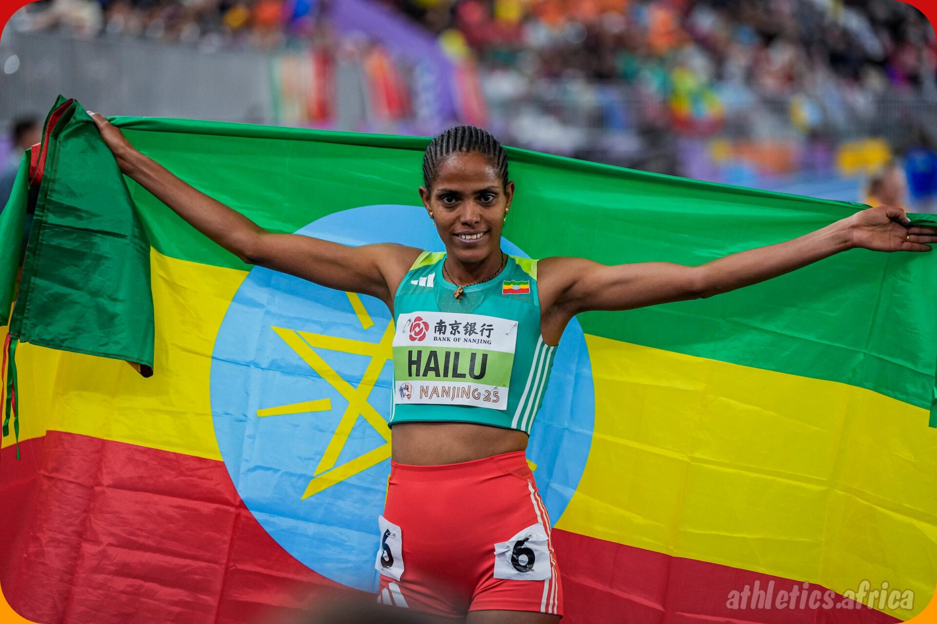 Ethiopia's Freweyni Hailu celebrating after winning the women's 3000m at the 2025 World Athletics Indoor Championships in Nanjing on Saturday 22 March / Photo: Sona Maleterova for World Athletics