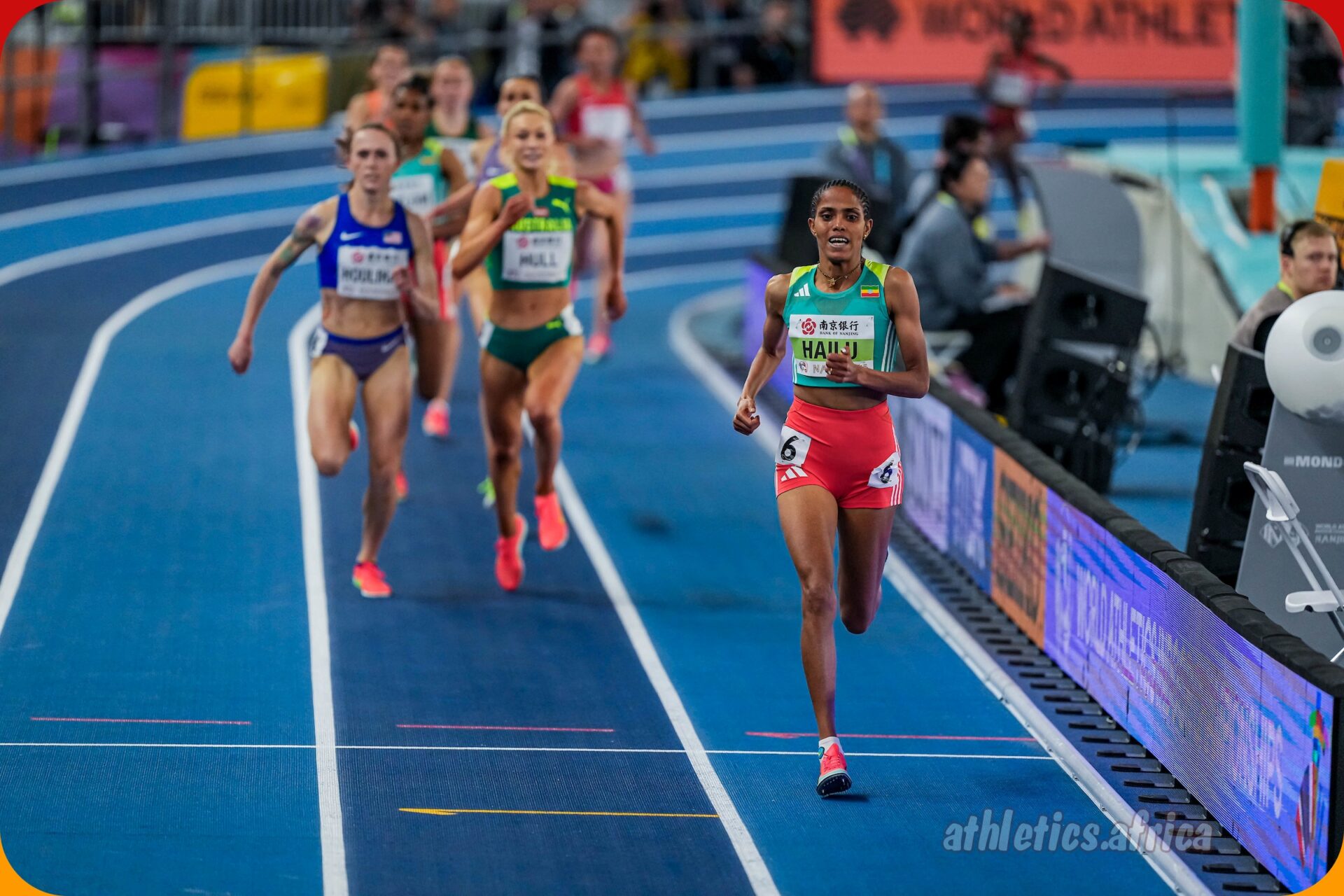 Ethiopia's Freweyni Hailu celebrating winning the women's 3000m at the 2025 World Athletics Indoor Championships in Nanjing on Saturday 22 March / Photo: Sona Maleterova for World Athletics