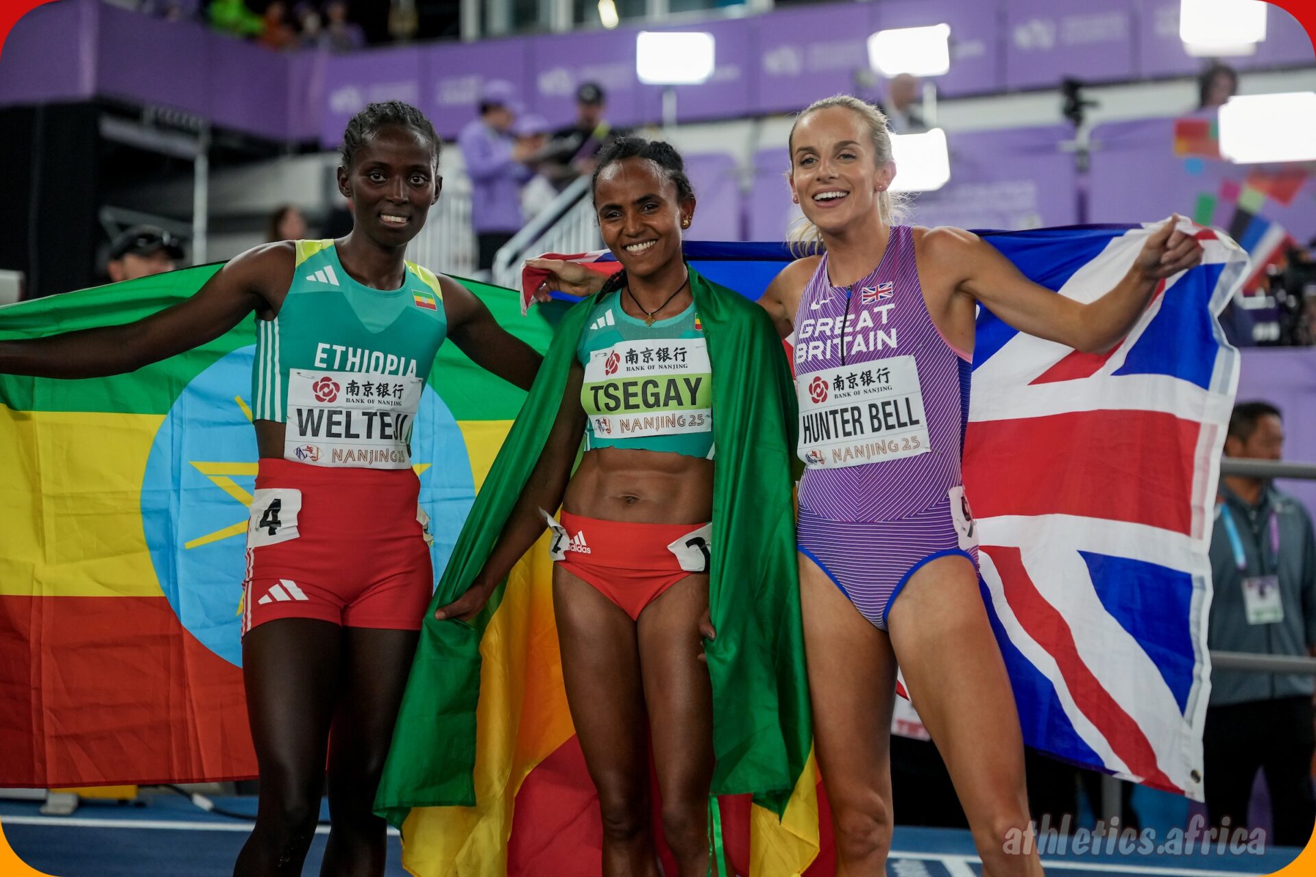 Ethiopia's Gudaf Tsegay and Diribe Welteji celebrates winning the women's 1500m at the 2025 World Indoor Championships in Nanjing on Sunday 23 March / Photo: Dan Vernon for World Athletics