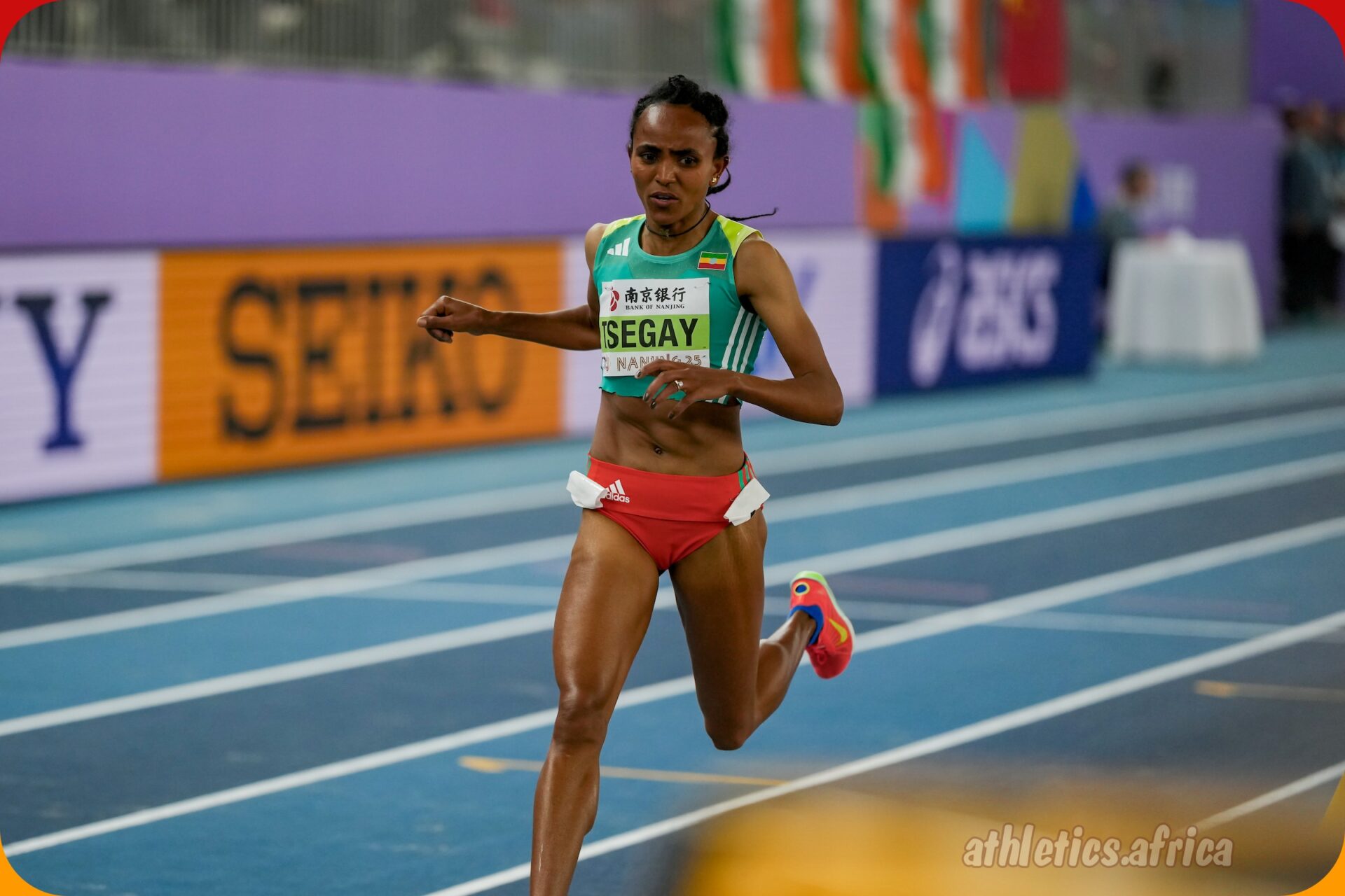 Ethiopia's Gudaf Tsegay on her way to win the women's 1500m at the 2025 World Athletics Indoor Championships in Nanjing on Sunday 23 March / Photo: Dan Vernon for World Athletics