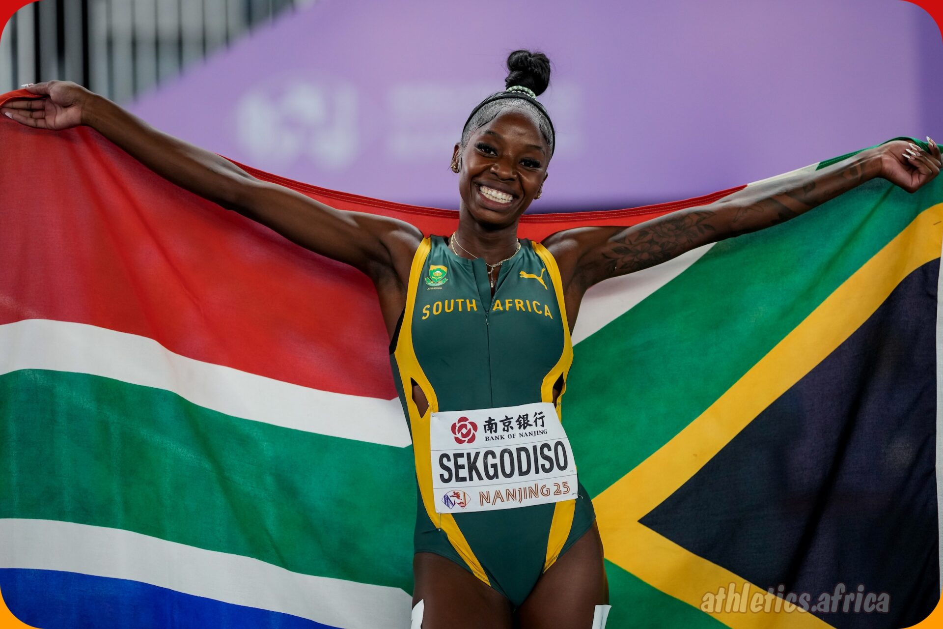 Prudence Sekgodiso celebrates winning the women's 800m title at the 2025 World Athletics Indoor Championships in Nanjing on Sunday 23 March / Photo: Dan Vernon for World Athletics