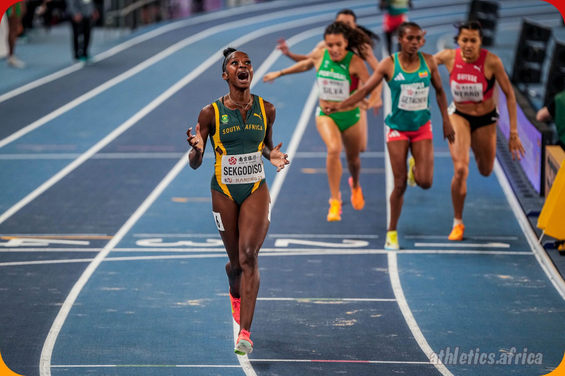 Prudence Sekgodiso celebrates winning the women's 800m title at the 2025 World Athletics Indoor Championships in Nanjing on Sunday 23 March / Photo: Sona Maleterova for World Athletics