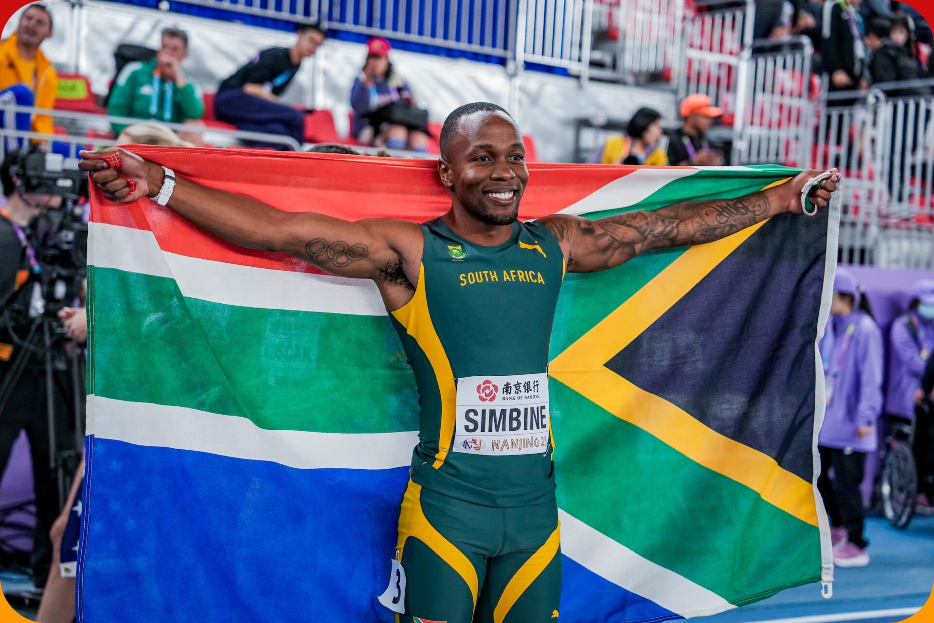Akani Simbine celebrating at the World Athletics Indoor Championships Nanjing 25 / Photo: Sona Maleterova for World Athletics