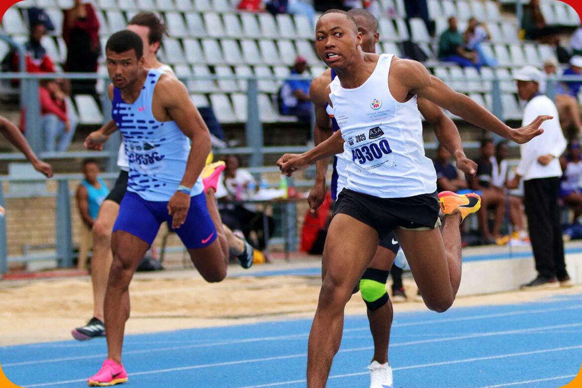 Bayanda Walaza wins in 9.99 seconds at the AGN Championships 2025 / Photo credit: Cecilia van Bers