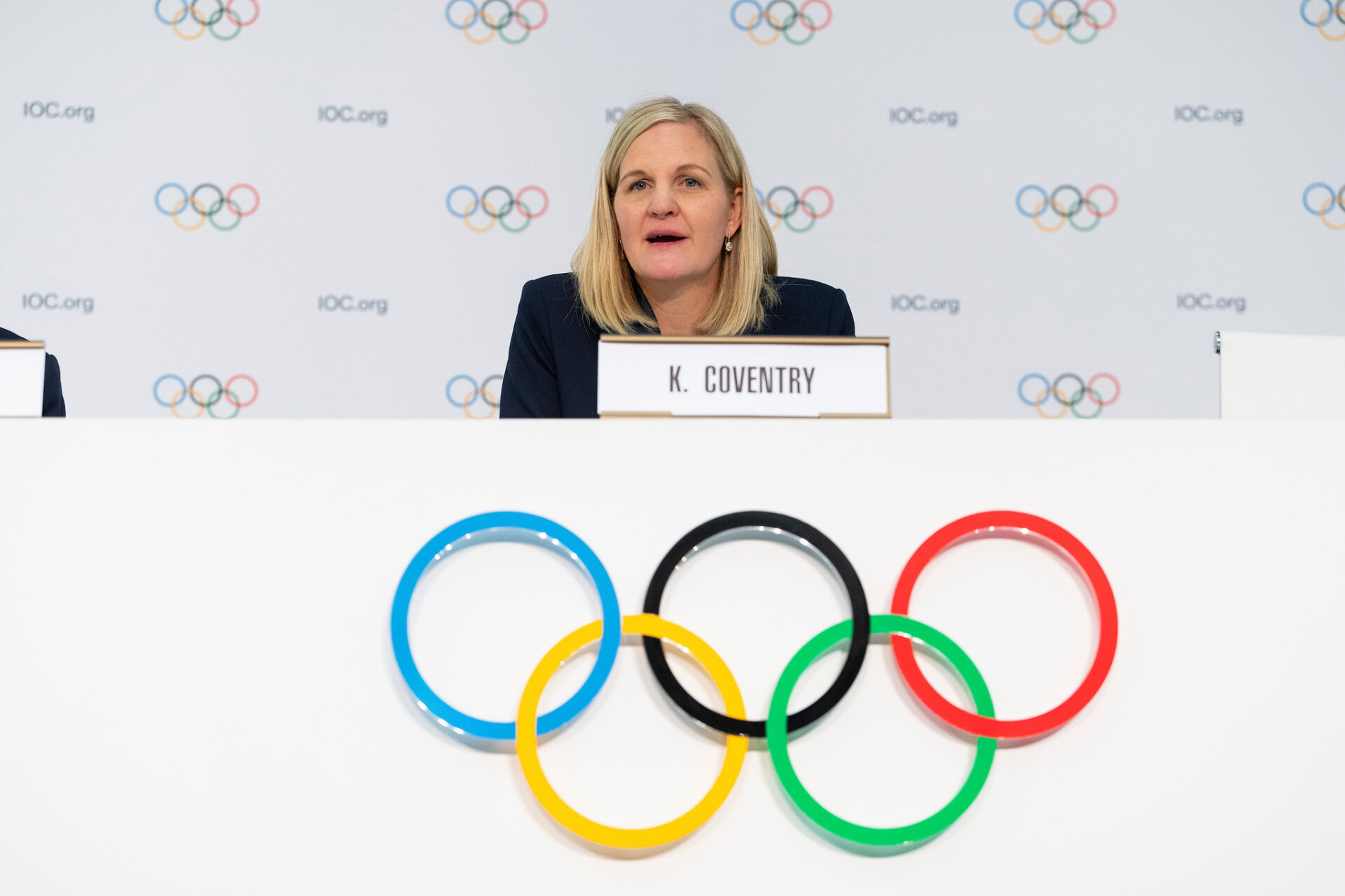 President-Elect Kirsty Coventry attends Press briefing at the 144th IOC Session in Costa Navarino, Greece on 20 March, 2025 / Photo credit: IOC/Greg Martin