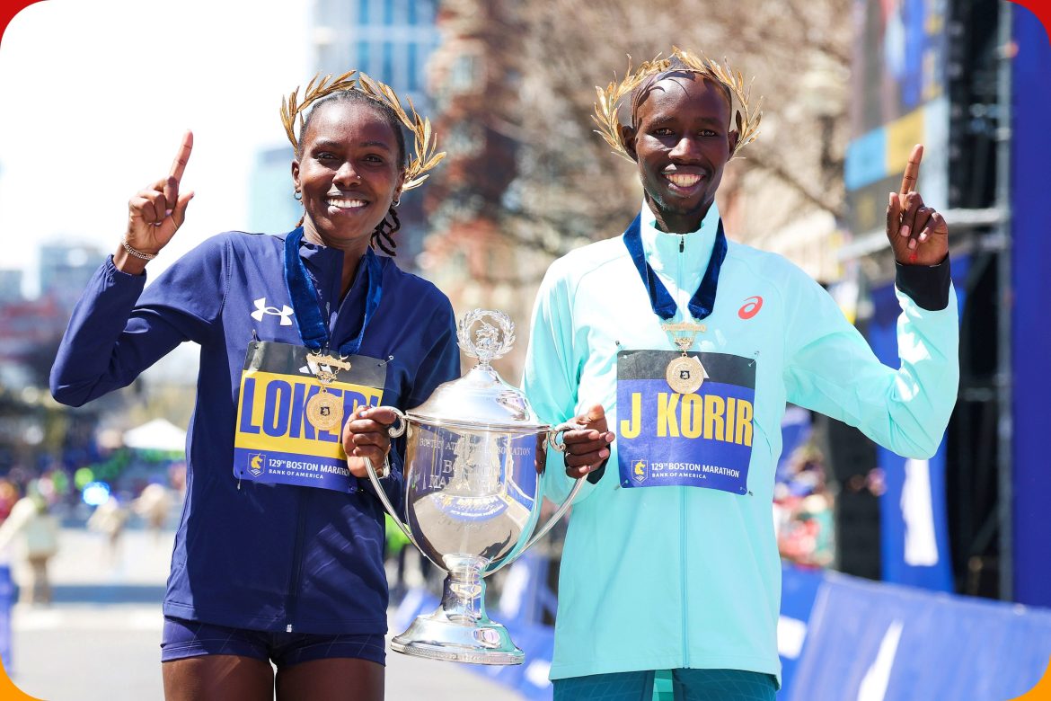 Kenyans Sharon Lokedi and John Korir win the women's and men's titles at the 129 Boston Marathon on Monday 21 April, 2025 / Photo credit: Victah Sailer / BAA