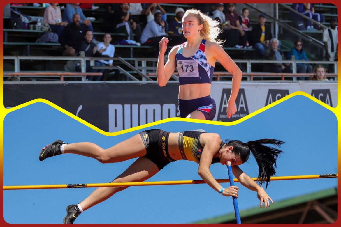 Zeney Geldenhuys on her way to victory in the 400m hurdles in 55.09 whilst Ansume de Beer clears 4.10m to become the 2025 national pole vault champion / Photo: Cecilia van Bers