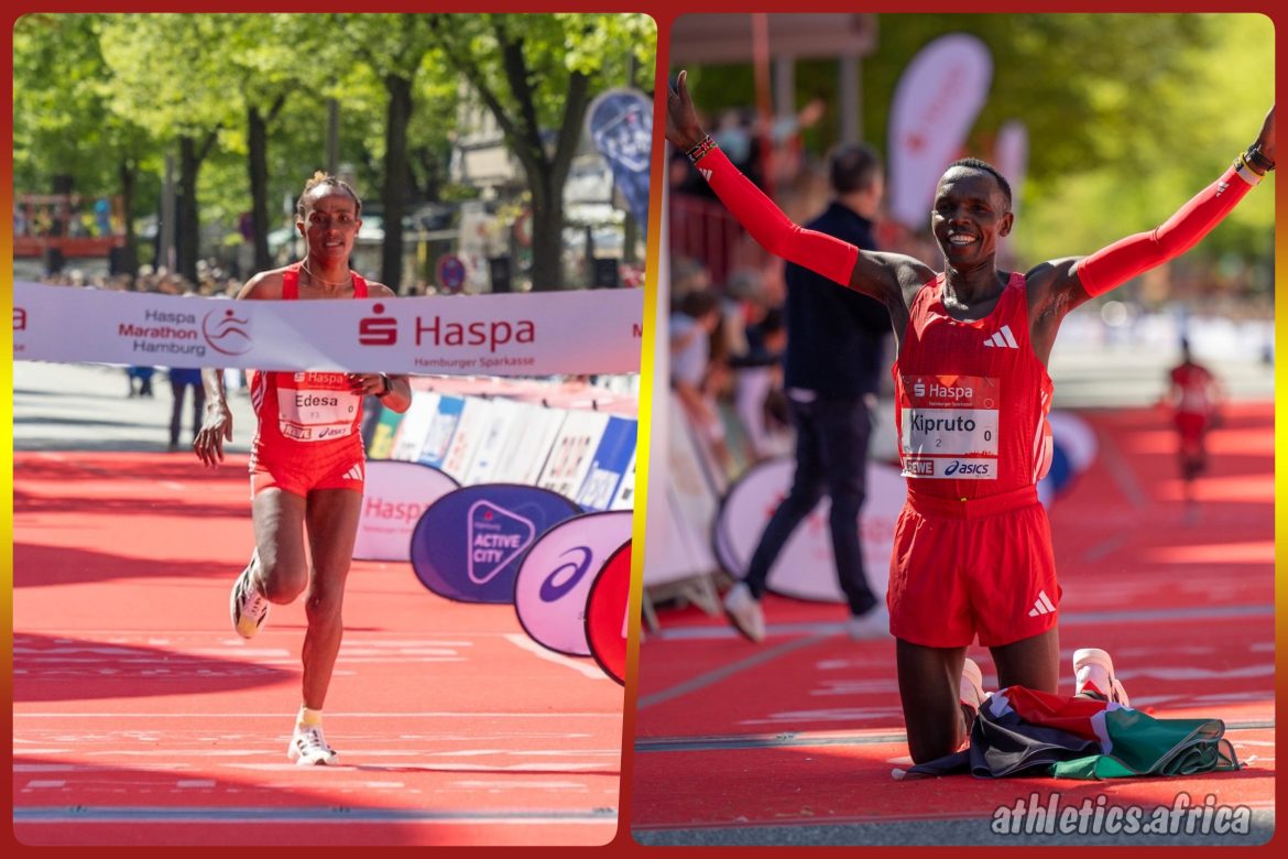 Kenyan Amos Kipruto celebrates the course record, Elroy Gelant smashes South African record with 2:05:36, while Ethiopian Workenesh Edesa takes the women's race at the Haspa Marathon Hamburg 2025 / Photo Credit: Haspa Marathon Hamburg