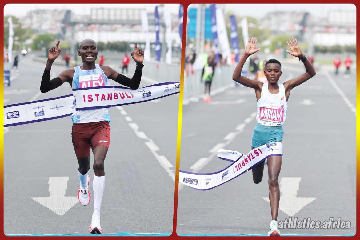Alex Matata and Miriam Chebet celebrates winning the Türkiye Is Bankasi Istanbul Half Marathon on Sunday April 27, 2025 / Photo credit: Spor Istanbul