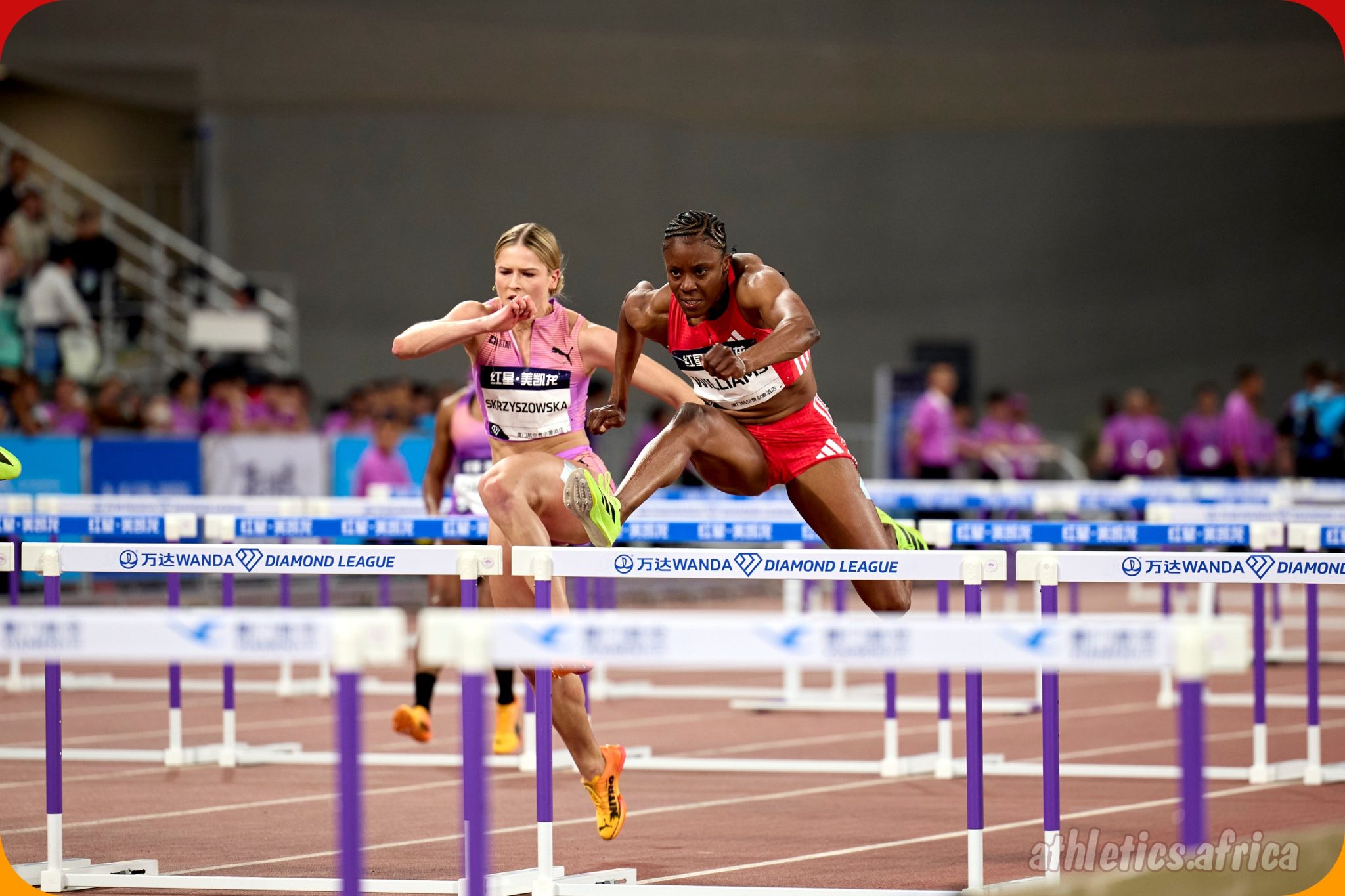 Danielle Williams comes through for victory at Xiamen DL in the women’s 100m Hurdles / Photo credit: Marta Gorczy?ska for Diamond League AG
