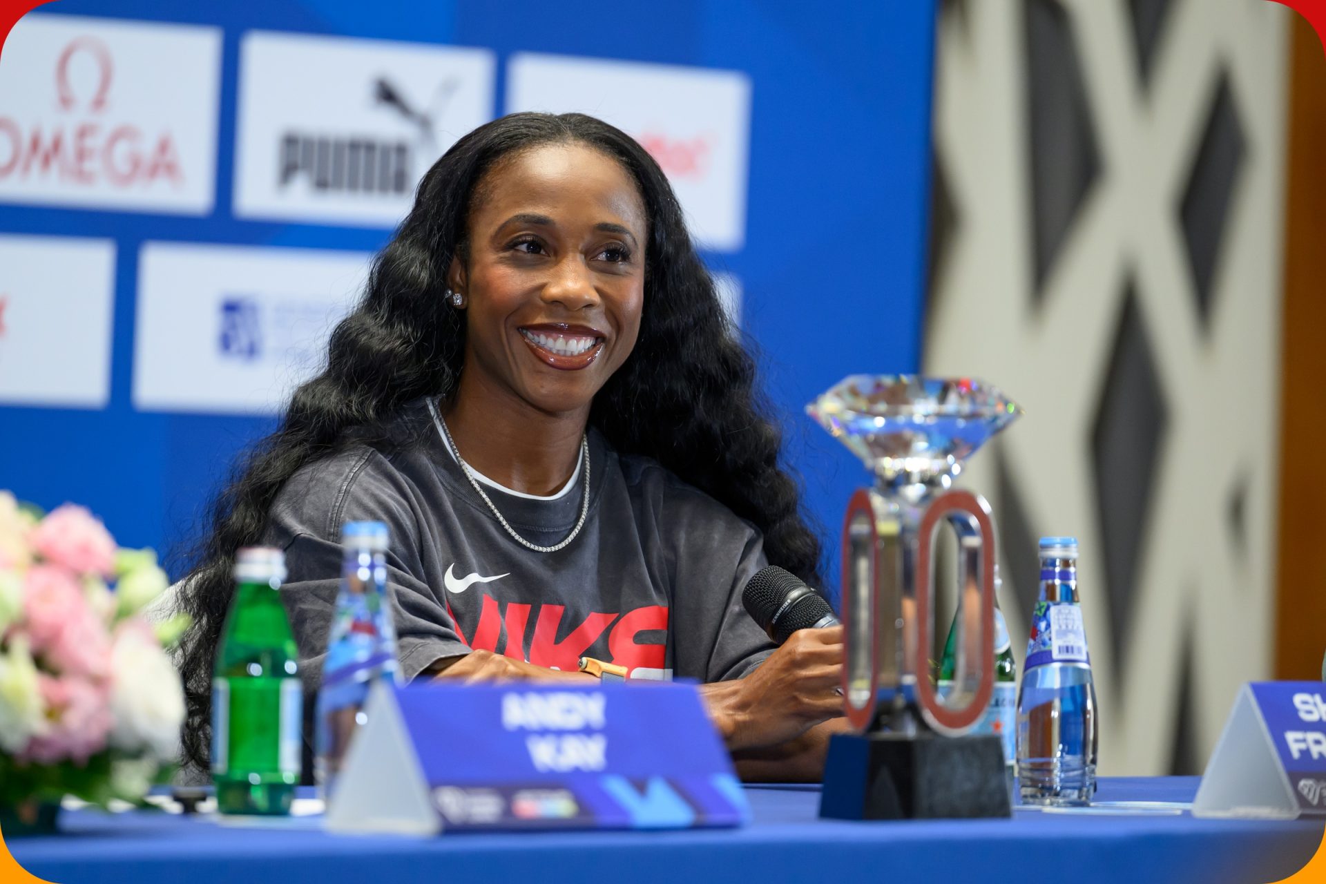 Shelley-Ann Fraser-Pryce at the Press Conference for The Jetour Doha Meeting, part of the Wanda Diamond League, on Friday 16 May 2025 / Photo credit: Doha DL Media