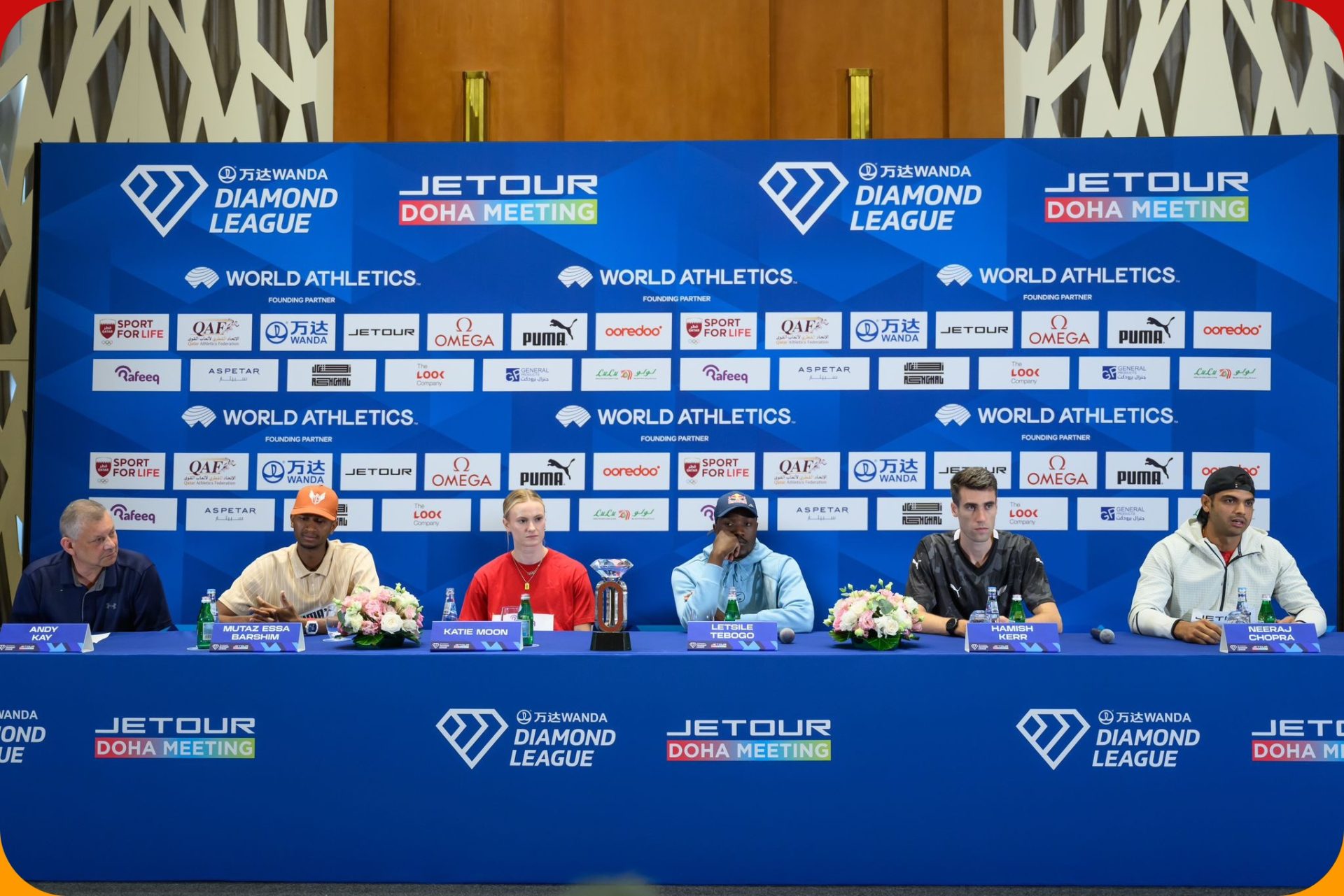 Letsile Tebogo (BOT), Mutaz Barshim (QAT) and other top athletes at the Press Conference for The Jetour Doha Meeting, part of the Wanda Diamond League, on Friday 16 May 2025 / Photo credit: Doha DL Media