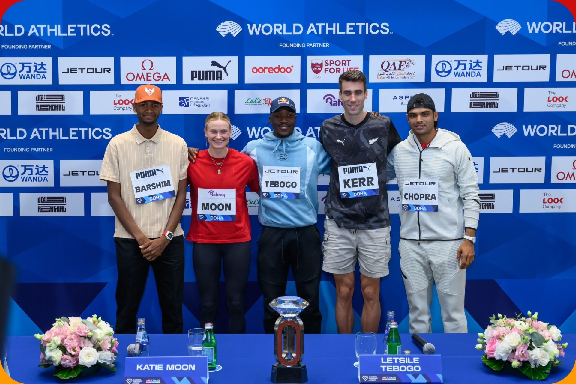 Letsile Tebogo (BOT), Mutaz Barshim (QAT) and other top athletes at the Press Conference for The Jetour Doha Meeting, part of the Wanda Diamond League, on Friday 16 May 2025 / Photo credit: Doha DL Media