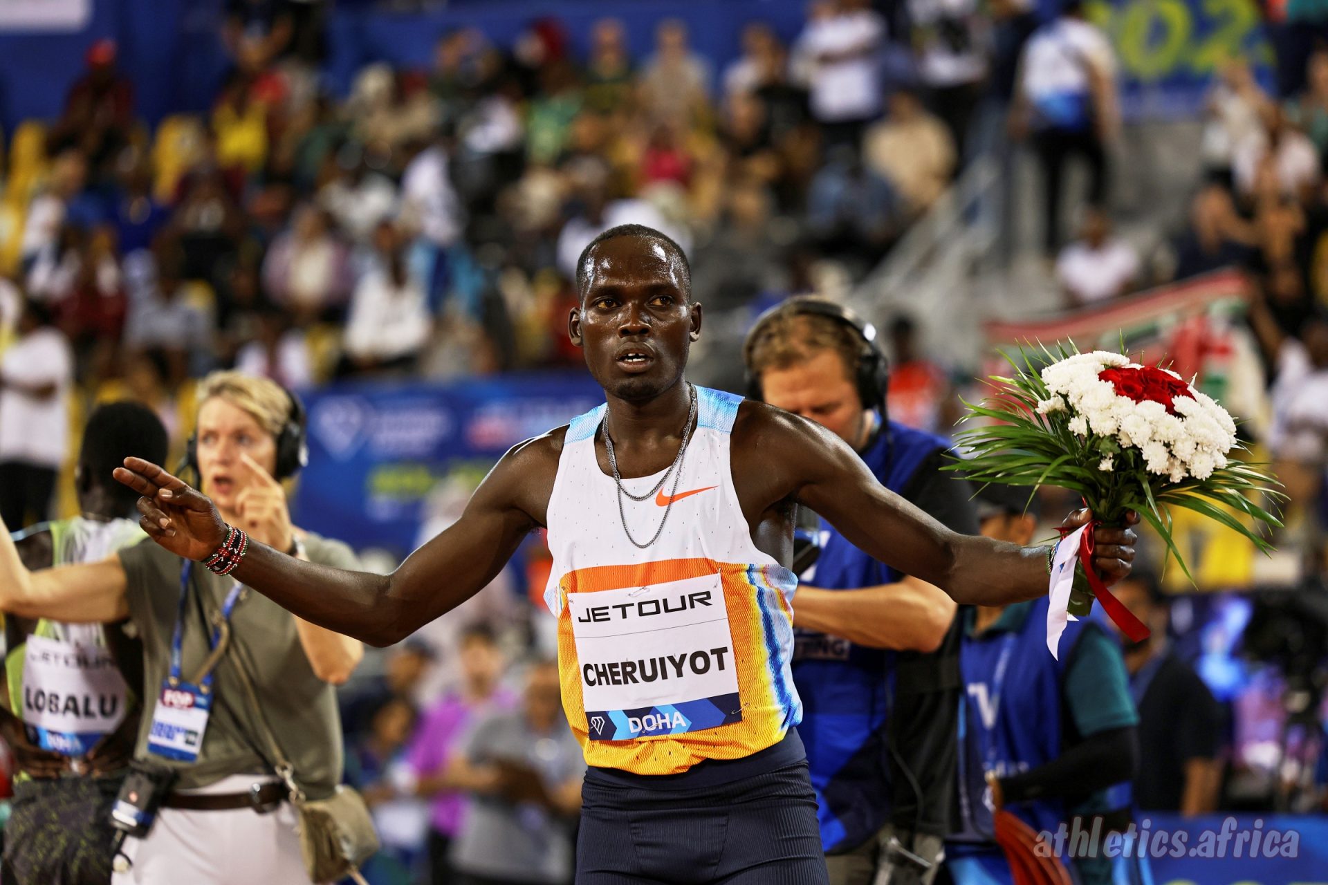 Reynold Cheruiyot (KEN) wins the Men's 5000m with a time of 13:16.40 at The Jetour Doha Meeting, part of the Wanda Diamond League, on Friday 16 May 2025 / Photo credit: Marta Gorczynska for Diamond League AG