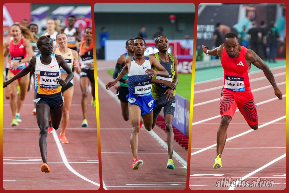 Akani Simbine, Berihu Aregawi and Tsige Duguma in action at the 2025 Wanda Diamond League meeting in Shanghai/Keqiao / Photo credit: Diamond League AG