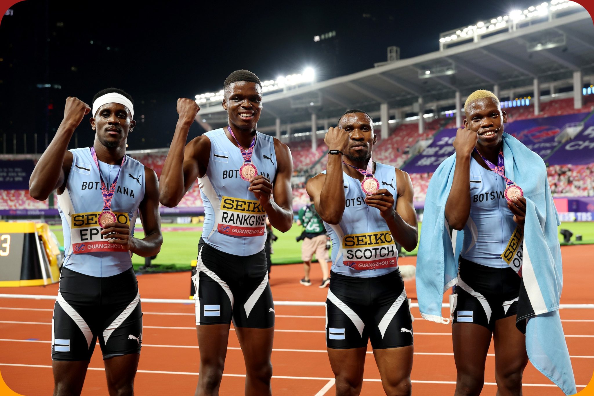 Bronze medalists Lee Bhekempilo Eppie of Team Botswana, Justice Oratile of Team Botswana, Kabo David Rankgwe of Team Botswana and Leungo Scotch of Team Botswana pose for a photo after the Men's 4x400 Metres Relay Final during day two of the World Athletics Relays Guangzhou 25 on May 11, 2025 in Guangzhou, China. (Photo by Lintao Zhang/Getty Images for World Athletics)