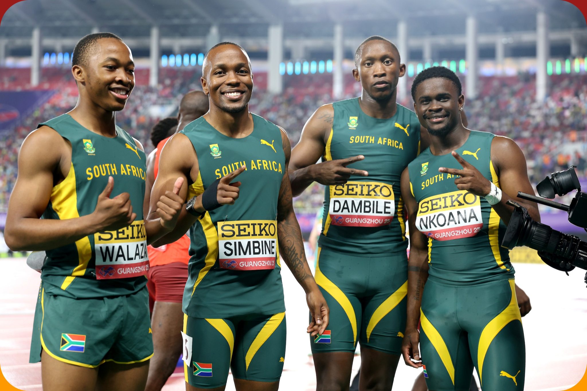 (L-R) Bayanda Walaza of Team South Africa, Akani Simbine of Team South Africa, Sinesipho Dambile of Team South Africa and Bradley Nkoana of Team South Africa pose for a photo after the Men's 4x100 Metres Relay during day one of the World Athletics Relays Guangzhou 25 at Guangdong Olympic Stadium on May 10, 2025 in Guangzhou, China. (Photo by Lintao Zhang/Getty Images for World Athletics)