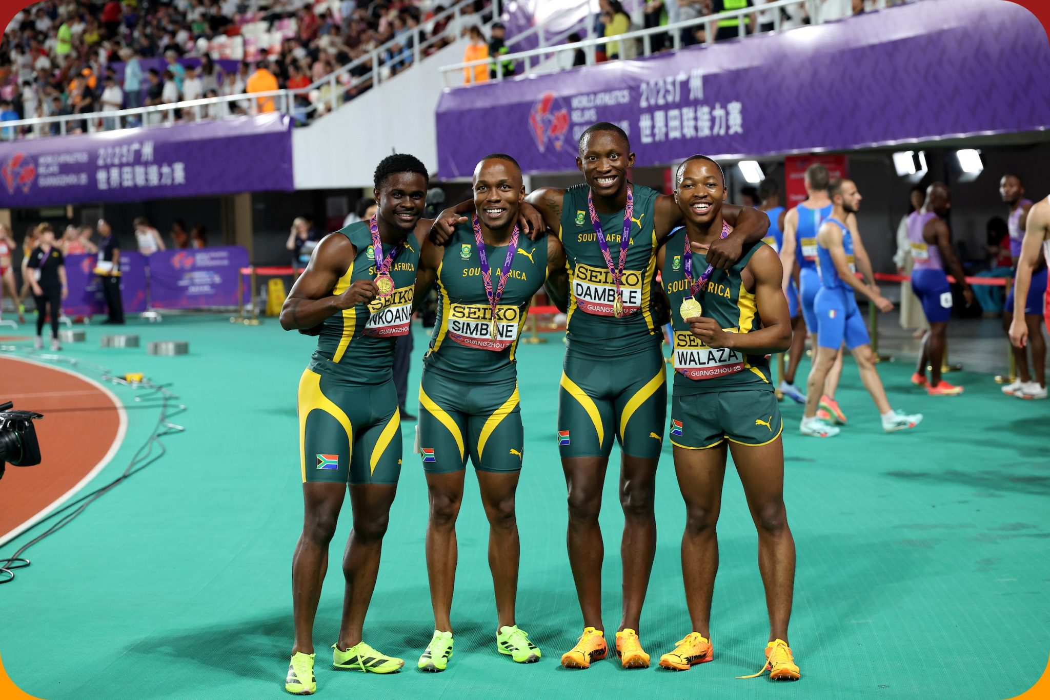 Gold medalists Bayanda Walaza of Team South Africa, Sinesipho Dambile of Team South Africa, Bradley Nkoana of Team South Africa and Akani Simbine of Team South Africa pose for a photo after the Men's 4x100 Metres Relay Final during day two of the World Athletics Relays Guangzhou 25 on May 11, 2025 in Guangzhou, China. (Photo by Lintao Zhang/Getty Images for World Athletics)