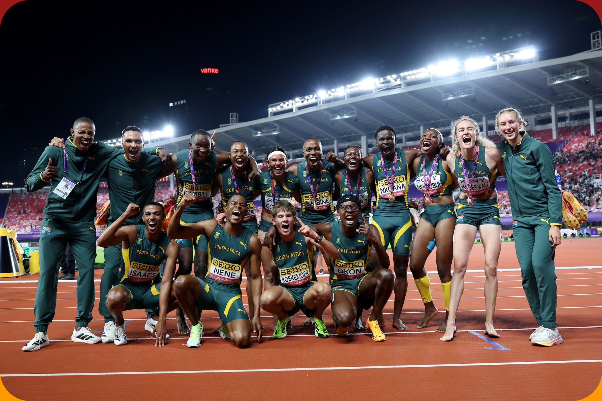 Members of Team South Africa pose for a photo with their medals for Men's 4x400 Metres Relay Final, Men's 4x100 Metres Relay Final and Women's 4x400 Metres Relay Final during day two of the World Athletics Relays Guangzhou 25 on May 11, 2025 in Guangzhou, China. (Photo by Lintao Zhang/Getty Images for World Athletics)