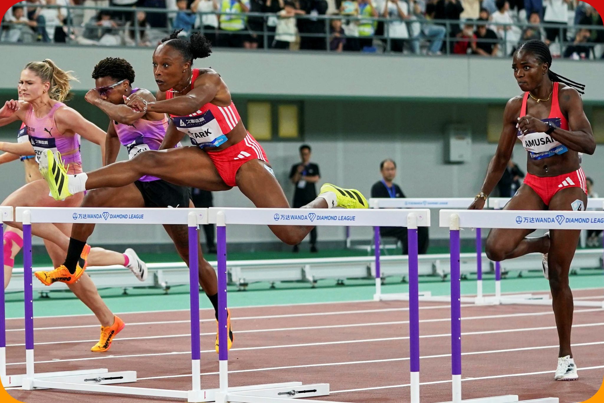Tobi Amusan and Grace Stark in action at the 2025 Wanda Diamond League meeting in Shanghai/Keqiao / Photo credit: Liam Blackwell for Diamond League AG