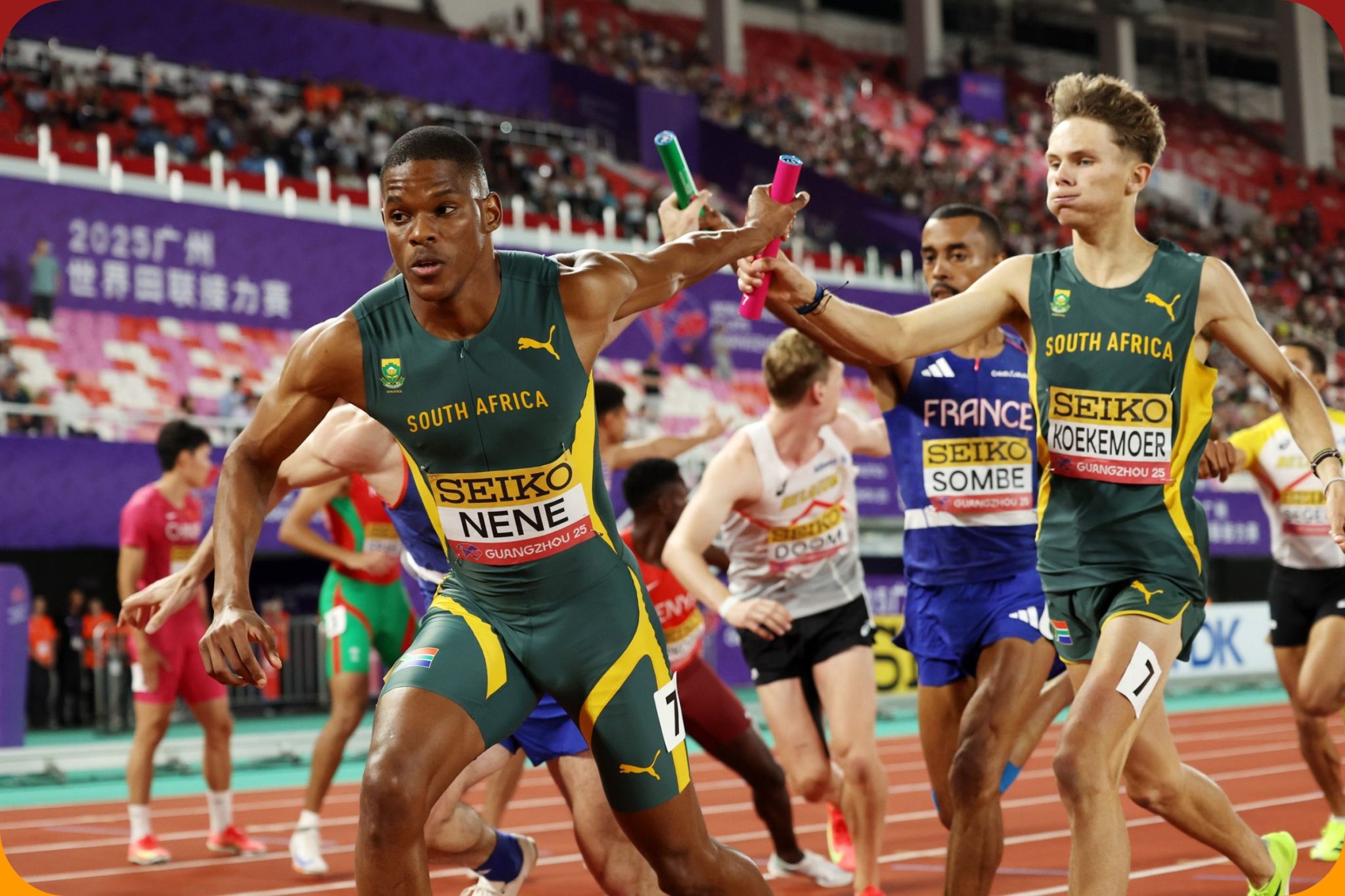 South Africa leads the men's 4x400m at the World Athletics Relays Guangzhou 25 (© Getty Images for World Athletics)