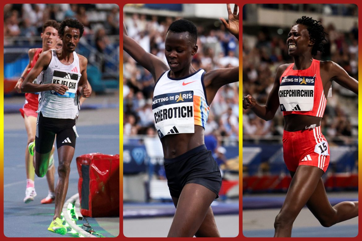 Ethiopian Yomif Kejelcha and Kenyans Faith Cherotich and Nelly Chepchirchir at the Meeting de Paris 2025 -Wanda Diamond League in Paris on 20 June / Photo: Diamond League AG