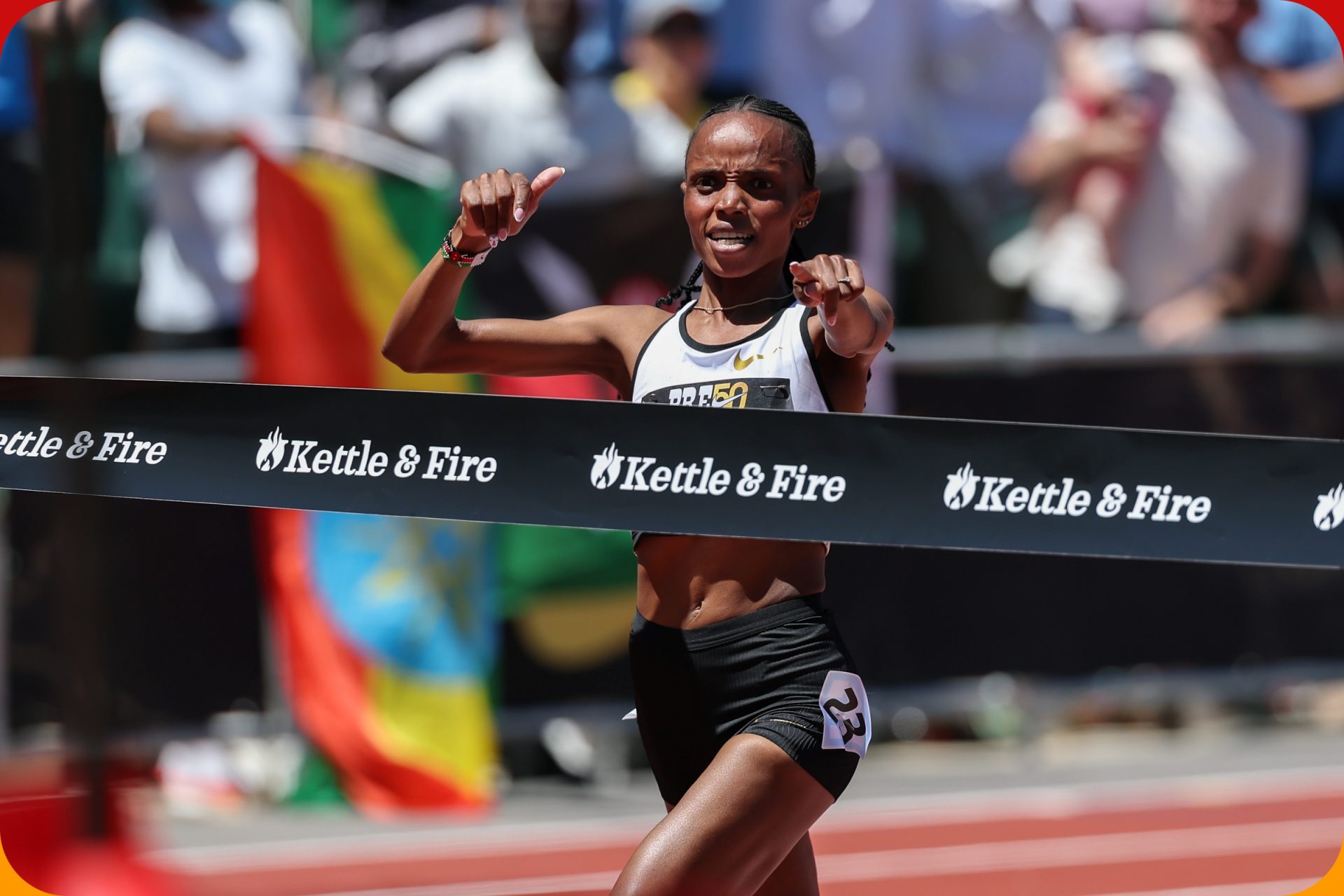Beatrice Chebet (KEN) wins the women's 5000m in a new world record of 13:58.06 at the Eugene Diamond League on 5 July 2025 / Photo credit: Logan Hannigan-Downs for Diamond League AG