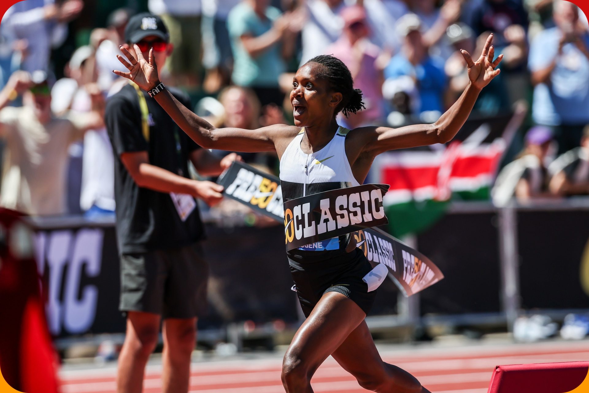 Faith Kipyegon (KEN) breaks the world record with 3:48.68 at the Eugene Diamond League on 5 July 2025 / Photo credit: Logan Hannigan-Downs for Diamond League AG